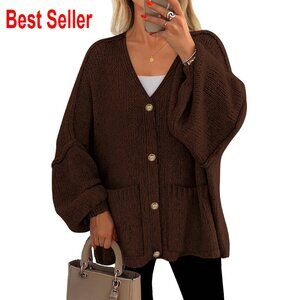 Oversized Chunky Cardigan Button Down Lantern Sleeve Cozy Fall Sweater